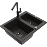 Mexen Carlos granite sink 1.5-bowl with Flora kitchen faucet, black/gold metallic - 6518-75-670401-70-B