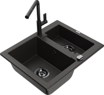 Mexen Carlos granite kitchen sink 1.5-bowl with Flora kitchen faucet, black/gold metallic - 6518-75-670401-70-B