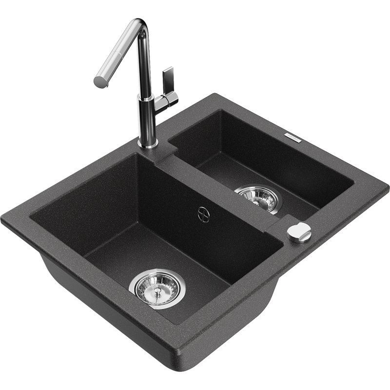 Mexen Carlos 1,5-compartment granite sink with a kitchen mixer tap Flora, spotted black - 6518-76-670401-00
