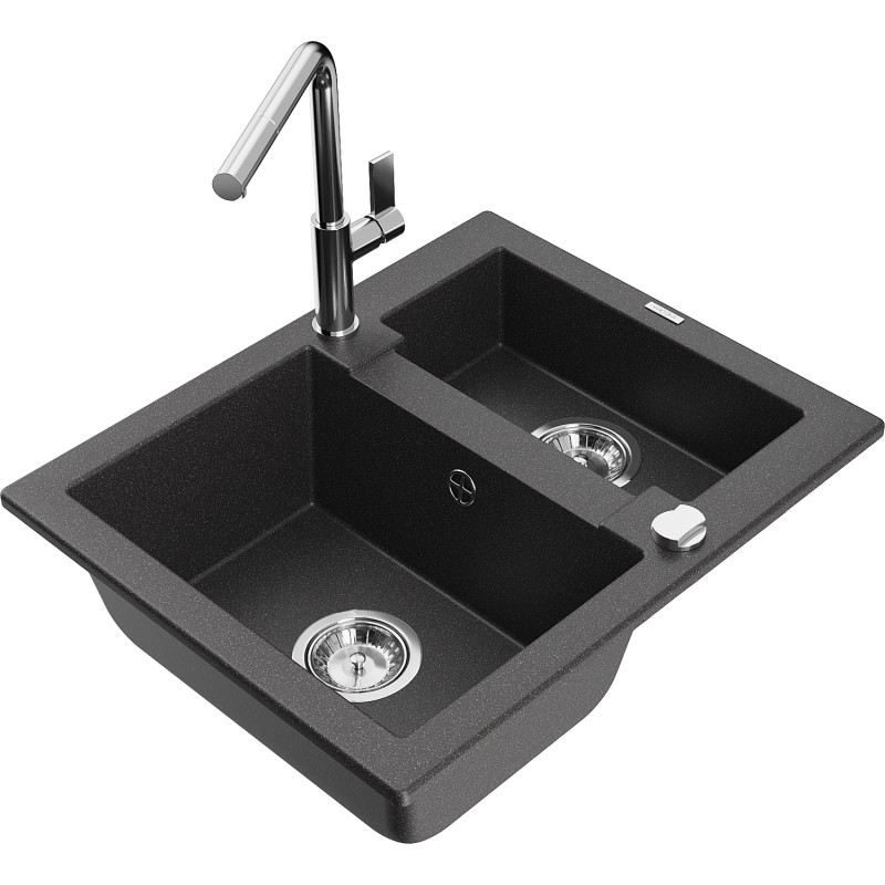 Mexen Carlos granite sink 1.5-bowl with Flora kitchen tap, black speckled - 6518-76-670401-00