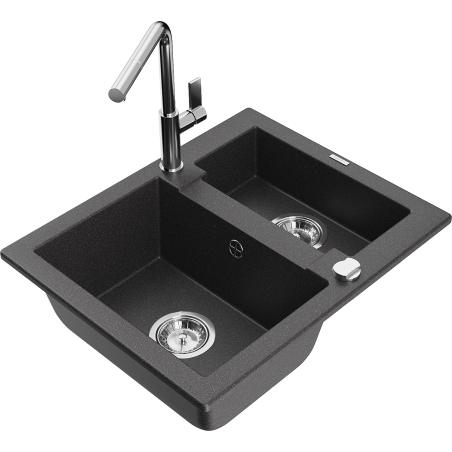 Mexen Carlos granite sink 1.5-bowl with Flora kitchen faucet, speckled black - 6518-76-670401-00