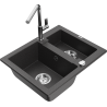 Mexen Carlos granite sink 1.5-bowl with Flora kitchen faucet, speckled black - 6518-76-670401-00