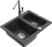 Mexen Carlos granite sink 1.5-bowl with Flora kitchen faucet, speckled black - 6518-76-670401-00