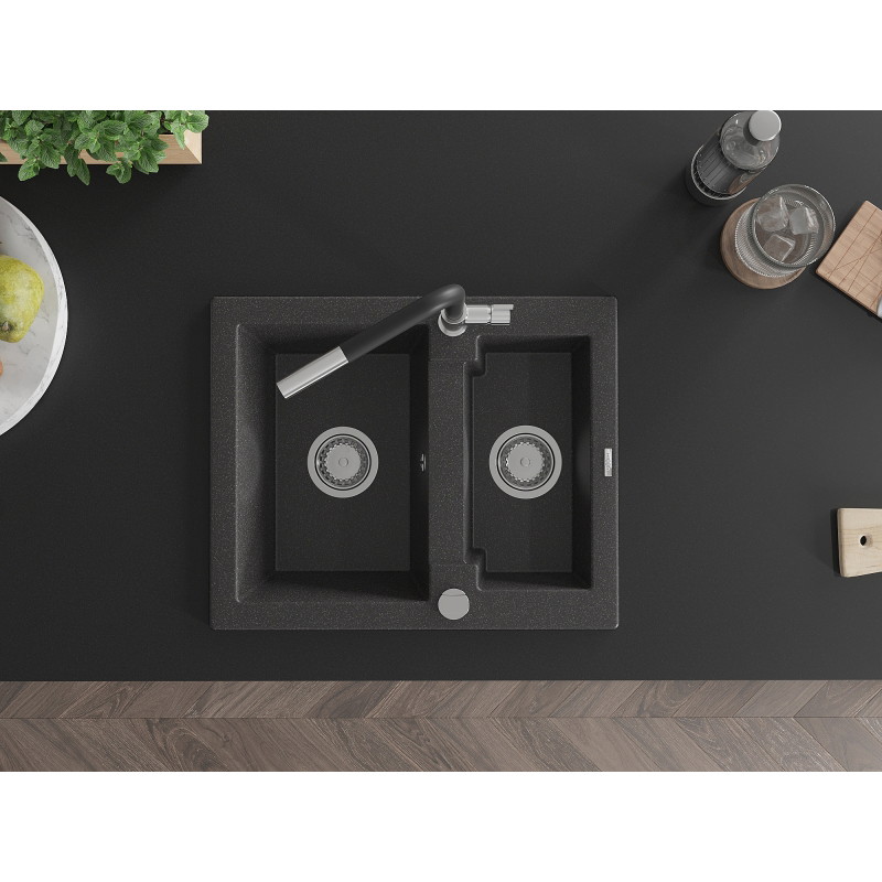 Mexen Carlos granite sink 1.5-bowl with Flora kitchen faucet, black speckled - 6518-76-670401-07