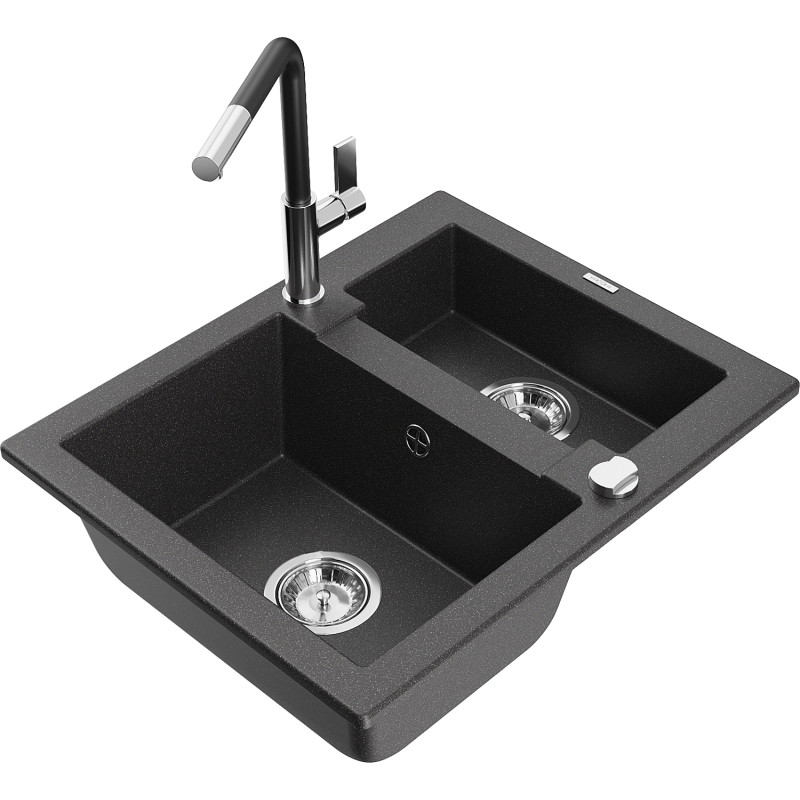 Mexen Carlos granite sink 1.5-bowl with Flora kitchen faucet, black speckled - 6518-76-670401-07