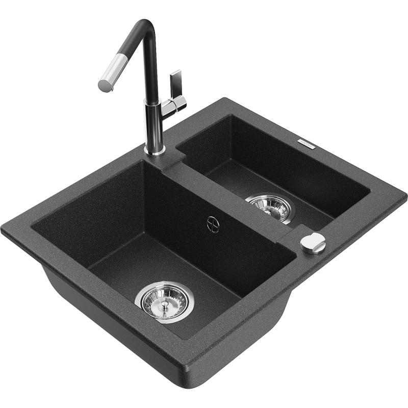 Mexen Carlos granite sink 1.5-bowl with Flora kitchen tap, speckled black - 6518-76-670401-07