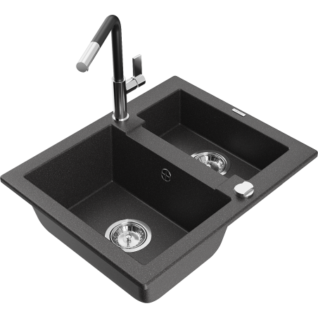 Mexen Carlos granite sink 1.5-bowl with Flora kitchen faucet, black speckled - 6518-76-670401-07