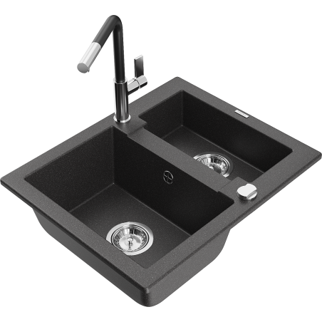Mexen Carlos granite sink 1.5-bowl with Flora kitchen tap, speckled black - 6518-76-670401-07