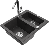 Mexen Carlos 1,5-compartment granite sink with a kitchen mixer tap Flora, spotted black - 6518-76-670401-07