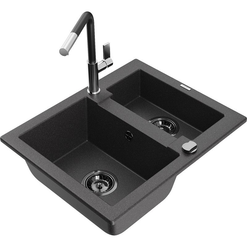 Mexen Carlos granite sink 1.5-bowl with Flora kitchen faucet, black speckled - 6518-76-670401-07-B