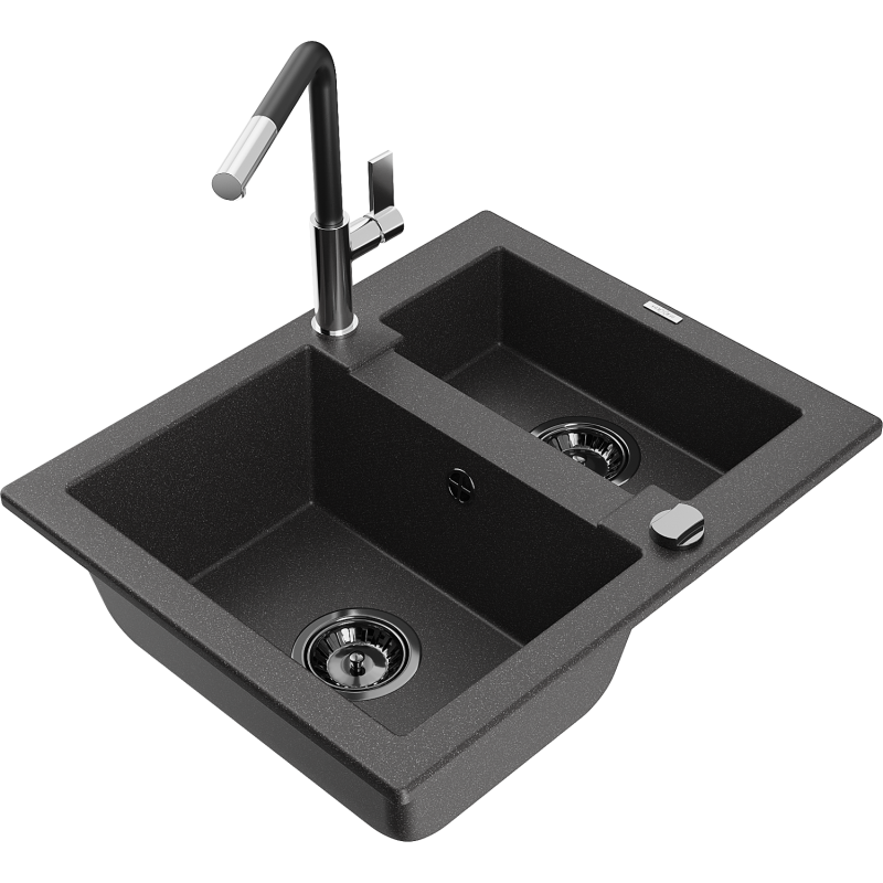 Mexen Carlos granite sink 1.5-bowl with Flora kitchen tap, black speckled - 6518-76-670401-07-B