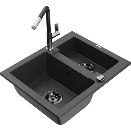 Mexen Carlos granite sink 1.5-bowl with Flora kitchen faucet, black speckled - 6518-76-670401-07-B