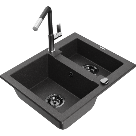Mexen Carlos granite sink 1.5-bowl with Flora kitchen tap, black speckled - 6518-76-670401-07-B