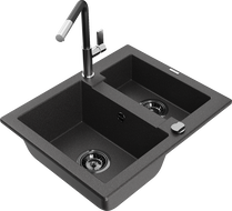 Mexen Carlos granite sink 1.5-bowl with Flora kitchen tap, black speckled - 6518-76-670401-07-B
