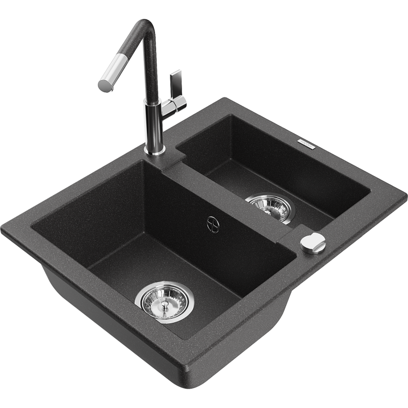 Mexen Carlos 1,5-compartment granite sink with a kitchen mixer tap Flora, Black/Gold metallic - 6518-76-670401-08