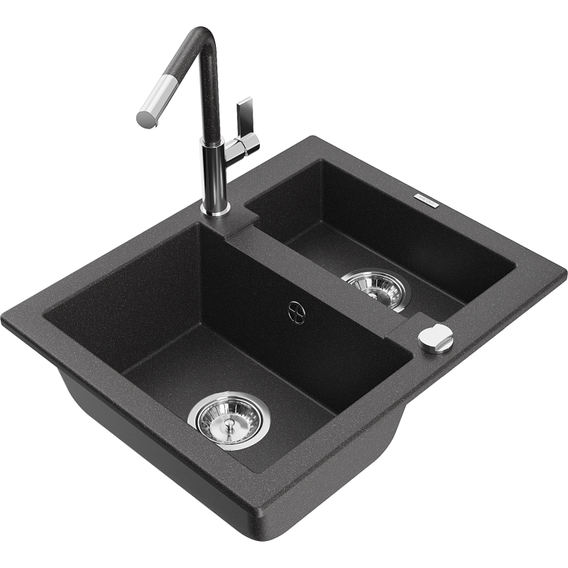 Mexen Carlos granite sink 1.5-bowl with Flora kitchen tap, speckled black - 6518-76-670401-08