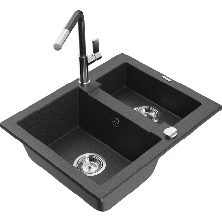 Mexen Carlos granite kitchen sink 1.5-bowl with Flora kitchen faucet, black speckled - 6518-76-670401-08