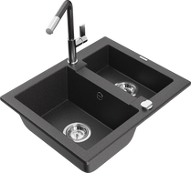 Mexen Carlos granite sink 1.5-bowl with Flora kitchen faucet, black speckled - 6518-76-670401-08