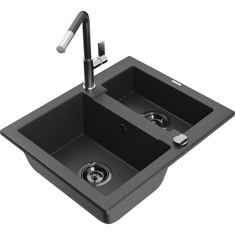 Mexen Carlos 1.5-bowl granite sink with Flora kitchen tap, black speckled - 6518-76-670401-08-B