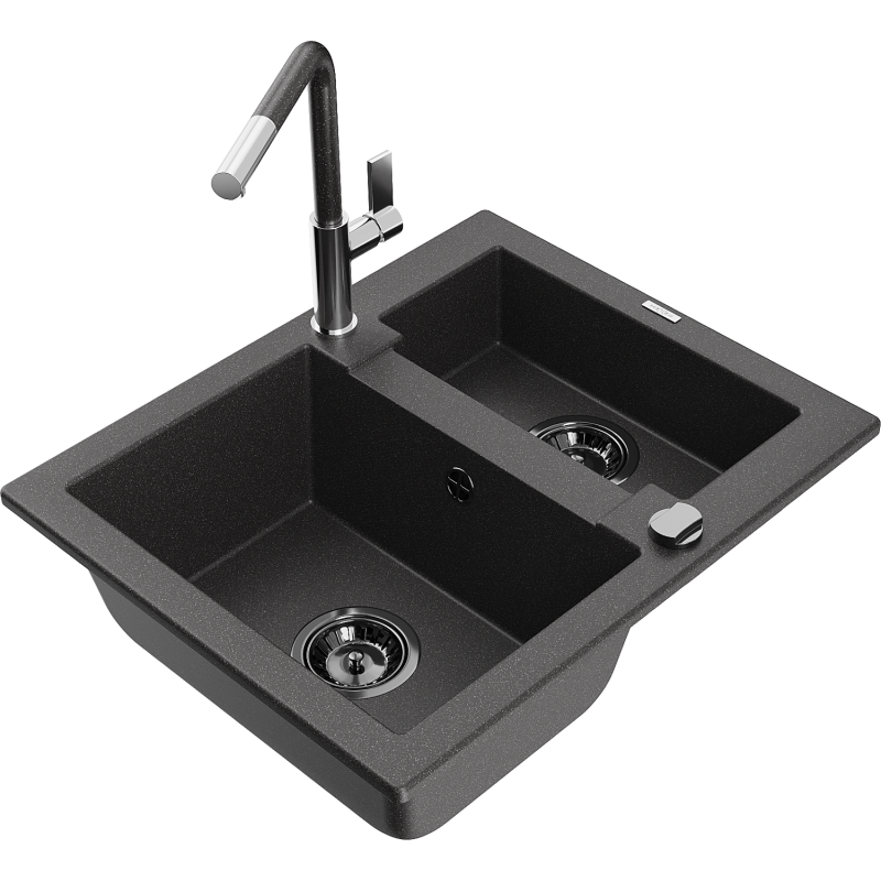 Mexen Carlos 1,5-compartment granite sink with a kitchen mixer tap Flora, spotted black - 6518-76-670401-08-B