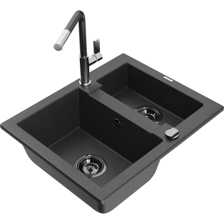 Mexen Carlos 1.5-bowl Granite Sink with Flora Kitchen Faucet, Black Speckled - 6518-76-670401-08-B