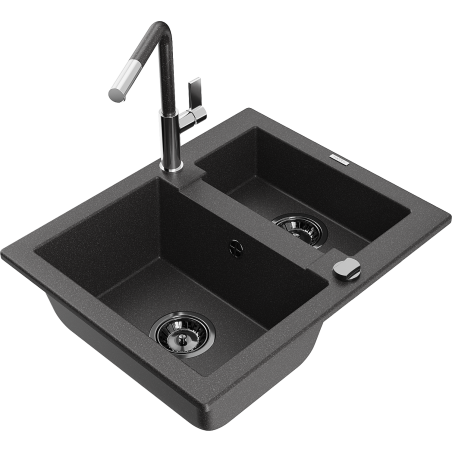 Mexen Carlos granite sink 1.5-bowl with Flora kitchen faucet, black speckled - 6518-76-670401-08-B
