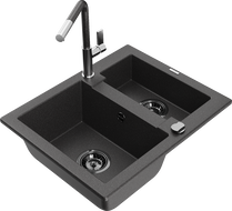 Mexen Carlos 1.5-bowl Granite Sink with Flora Kitchen Faucet, Black Speckled - 6518-76-670401-08-B