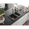 Mexen Carlos granite sink 1.5-bowl with Flora kitchen faucet, speckled black - 6518-76-670401-57-G