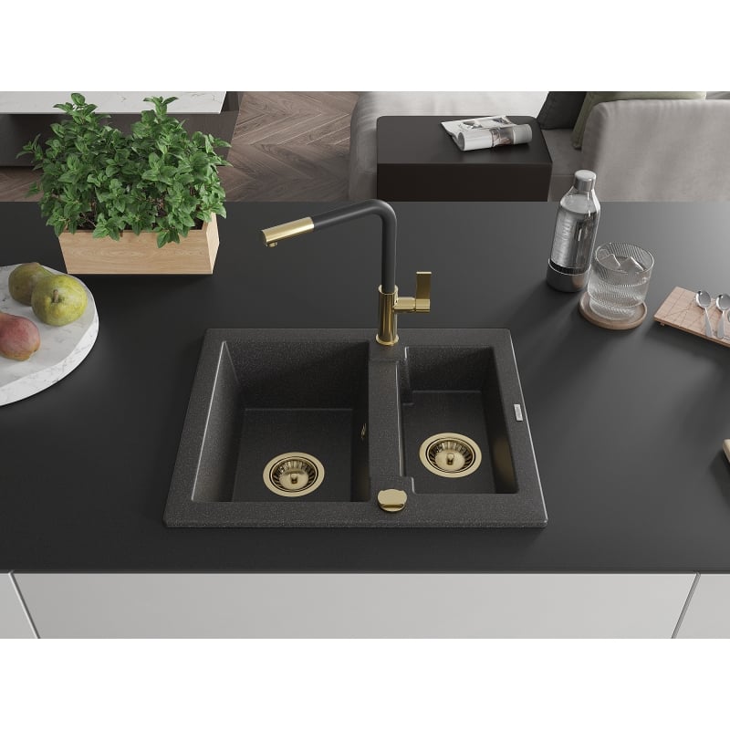 Mexen Carlos granite sink 1.5-bowl with Flora kitchen faucet, speckled black - 6518-76-670401-57-G