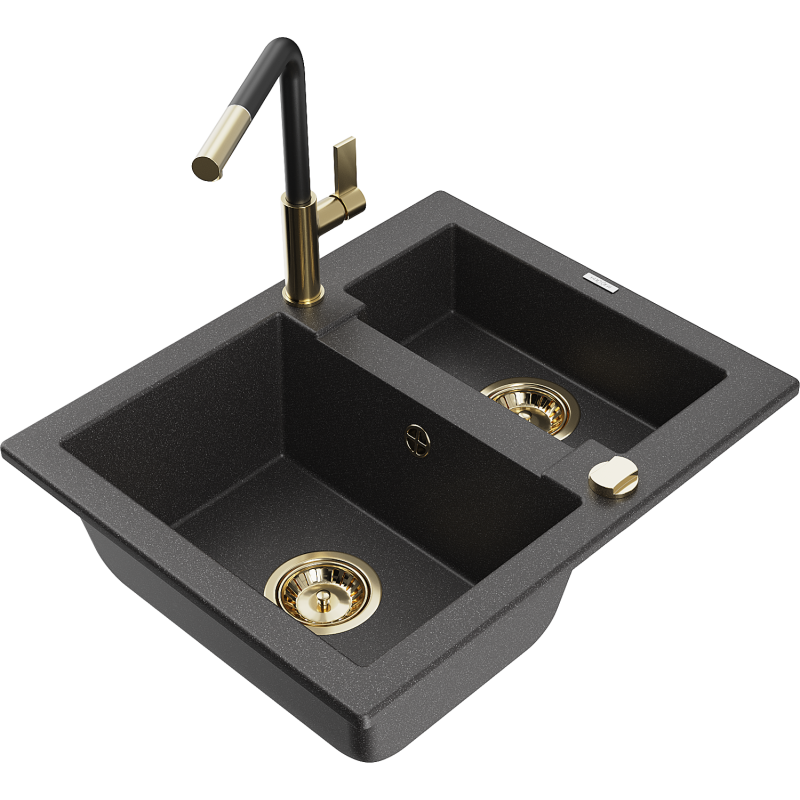 Mexen Carlos 1.5-Bowl Granite Sink with Flora Kitchen Tap, Black Speckled - 6518-76-670401-57-G