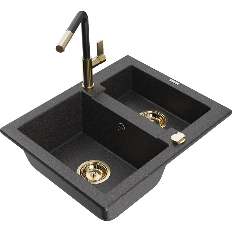 Mexen Carlos granite sink 1.5-bowl with Flora kitchen faucet, speckled black - 6518-76-670401-57-G