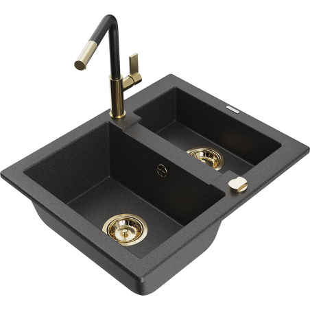 Mexen Carlos 1.5-Bowl Granite Sink with Flora Kitchen Tap, Black Speckled - 6518-76-670401-57-G