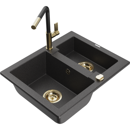 Mexen Carlos granite sink 1.5-bowl with Flora kitchen faucet, speckled black - 6518-76-670401-57-G