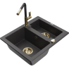 Mexen Carlos granite sink 1.5-bowl with Flora kitchen faucet, speckled black - 6518-76-670401-57-G