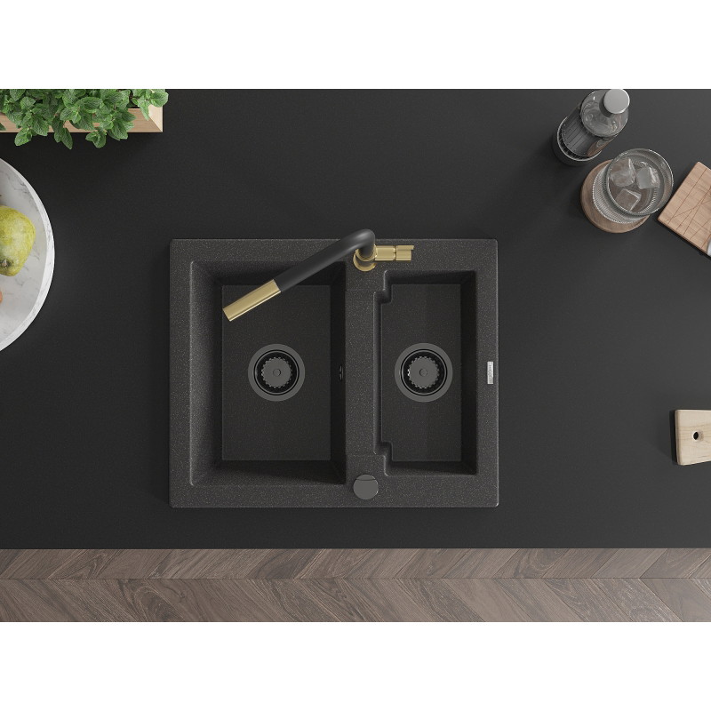 Mexen Carlos 1.5-bowl granite sink with Flora kitchen faucet, black speckled - 6518-76-670401-57-B