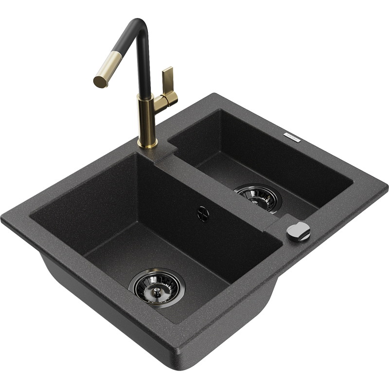 Mexen Carlos 1.5-bowl granite sink with Flora kitchen faucet, black speckled - 6518-76-670401-57-B