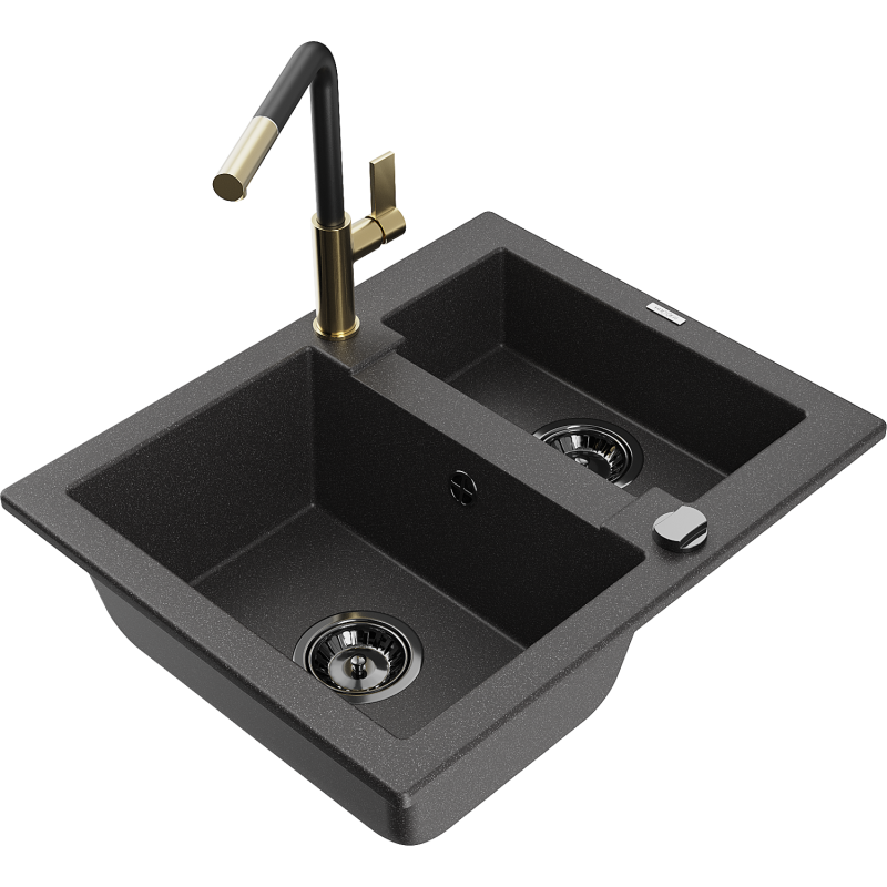 Mexen Carlos granite sink 1.5-bowl with Flora kitchen tap, speckled black - 6518-76-670401-57-B