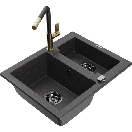 Mexen Carlos 1.5-bowl granite sink with Flora kitchen faucet, speckled black - 6518-76-670401-57-B