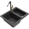 Mexen Carlos 1.5-bowl granite sink with Flora kitchen faucet, speckled black - 6518-76-670401-57-B