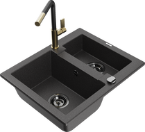 Mexen Carlos 1.5-bowl granite sink with Flora kitchen faucet, black speckled - 6518-76-670401-57-B