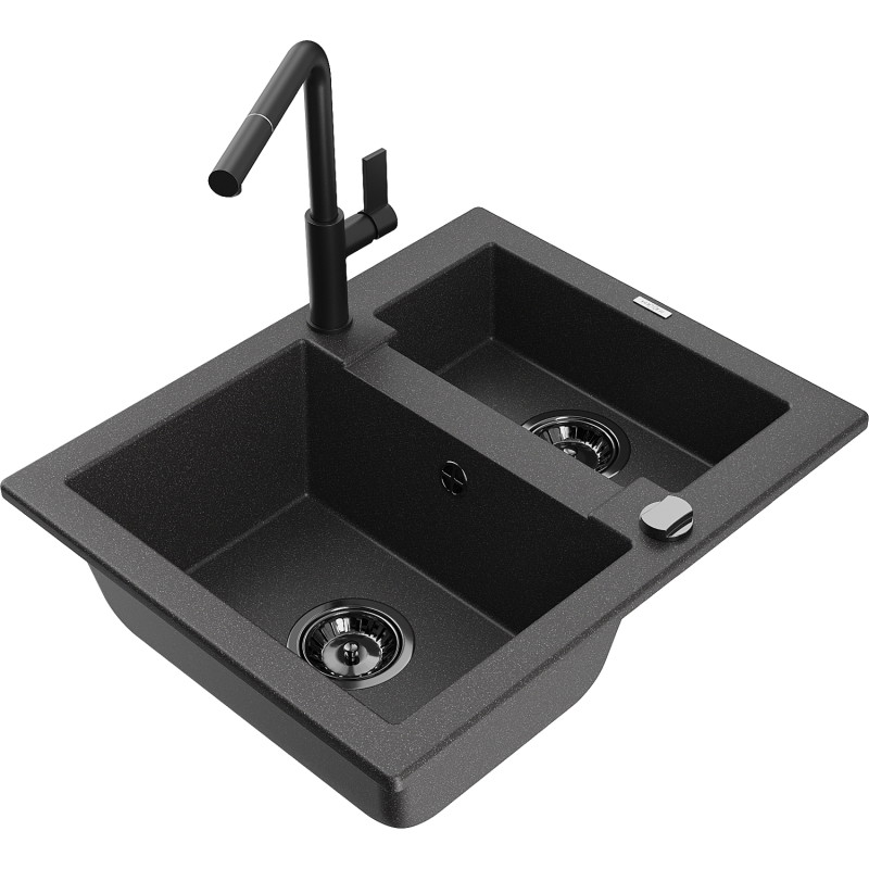 Mexen Carlos 1.5-bowl granite sink with Flora kitchen faucet, speckled black - 6518-76-670401-70-B