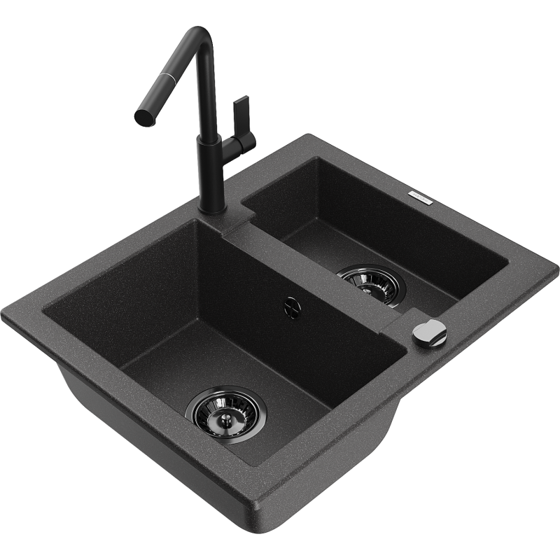 Mexen Carlos 1,5-compartment granite sink with a kitchen mixer tap Flora, spotted black - 6518-76-670401-70-B
