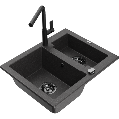 Mexen Carlos 1.5-bowl granite sink with Flora kitchen faucet, speckled black - 6518-76-670401-70-B