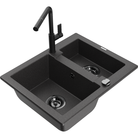 Mexen Carlos granite sink 1.5-bowl with Flora kitchen faucet, speckled black - 6518-76-670401-70-B