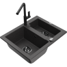 Mexen Carlos granite sink 1.5-bowl with Flora kitchen faucet, speckled black - 6518-76-670401-70-B