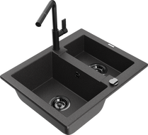 Mexen Carlos granite sink 1.5-bowl with Flora kitchen faucet, speckled black - 6518-76-670401-70-B