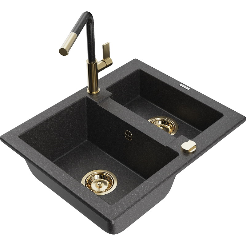 Mexen Carlos 1.5-bowl granite sink with Flora kitchen faucet, black speckled - 6518-76-670401-75-G