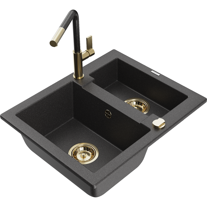 Mexen Carlos 1,5-compartment granite sink with a kitchen mixer tap Flora, spotted black - 6518-76-670401-75-G