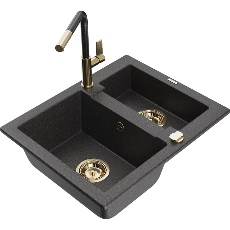 Mexen Carlos granite sink 1.5-bowl with Flora kitchen faucet, black speckled - 6518-76-670401-75-G