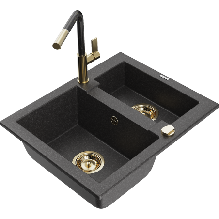 Mexen Carlos 1.5-bowl granite sink with Flora kitchen faucet, black speckled - 6518-76-670401-75-G